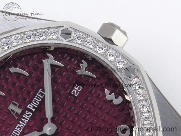 Lady Royal Oak 33mm 67651 Diamonds SS ZF 1:1 Best Edition Purple Red Textured Dial on SS Bracelet RONDA Quartz