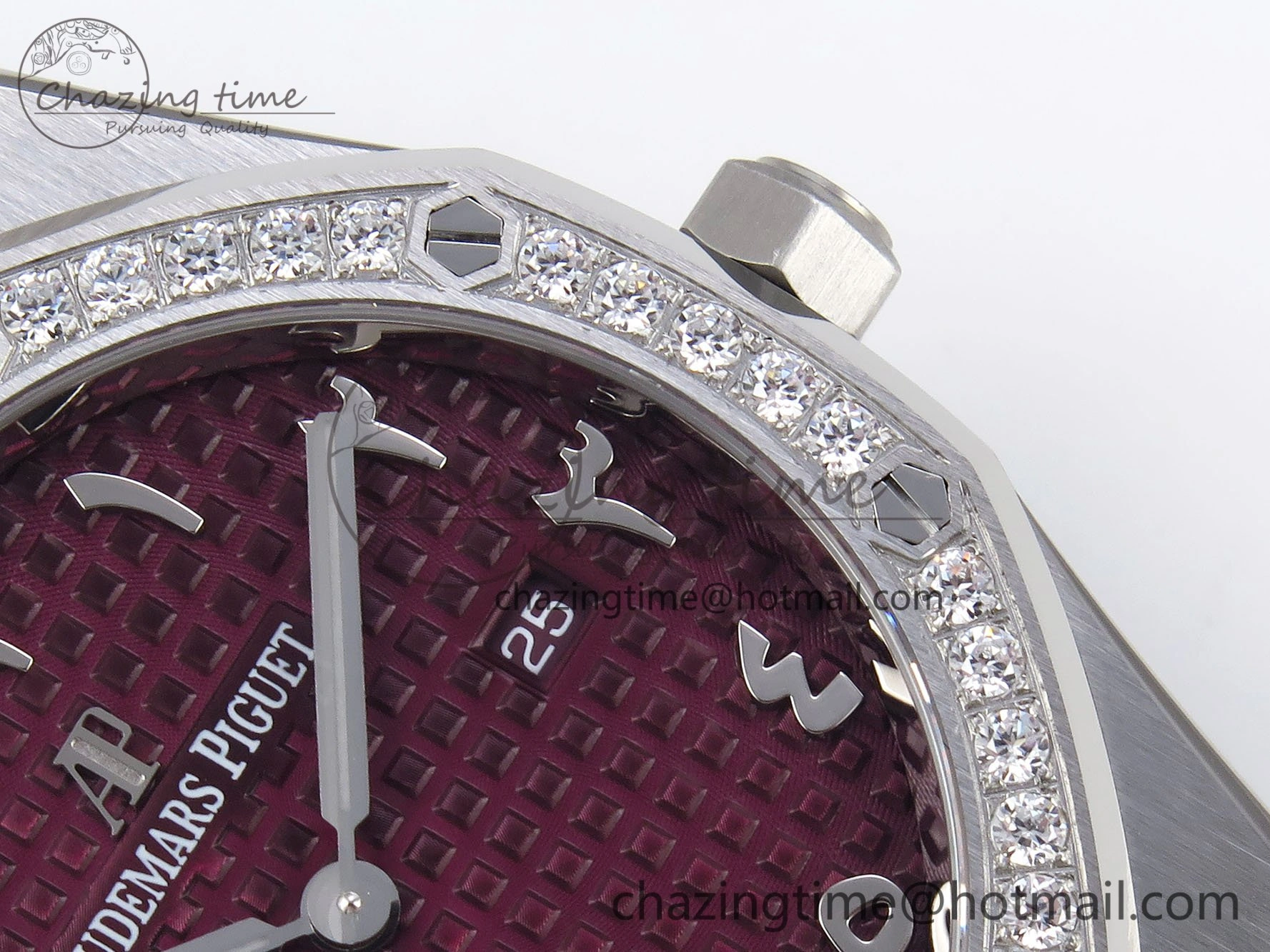 Lady Royal Oak 33mm 67651 Diamonds SS ZF 1:1 Best Edition Purple Red Textured Dial on SS Bracelet RONDA Quartz