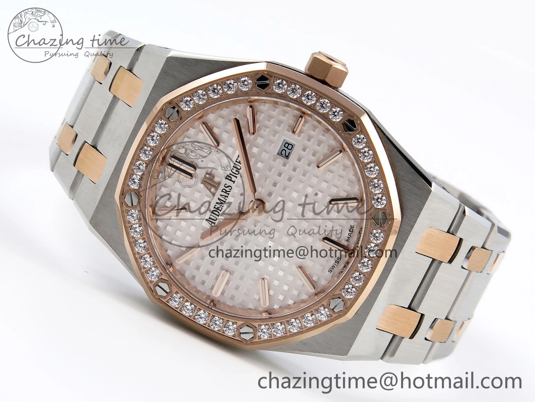 Lady Royal Oak 33mm 67651 Diamonds bezel SS RG ZF 1:1 Best Edition White Textured Dial on SS RG Bracelet RONDA Quartz