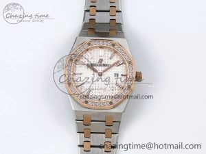 Lady Royal Oak 33mm 67651 Diamonds bezel SS RG ZF 1:1 Best Edition White Textured Dial on SS RG Bracelet RONDA Quartz