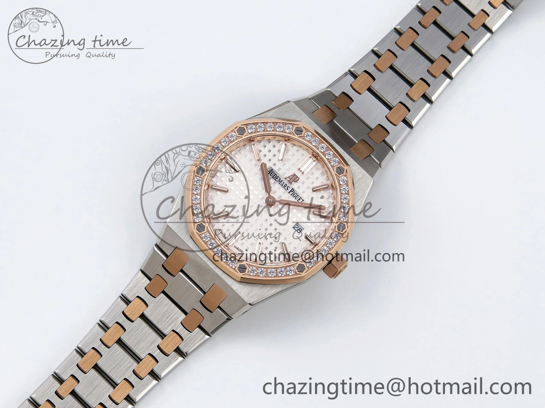 Lady Royal Oak 33mm 67651 Diamonds bezel SS RG ZF 1:1 Best Edition White Textured Dial on SS RG Bracelet RONDA Quartz