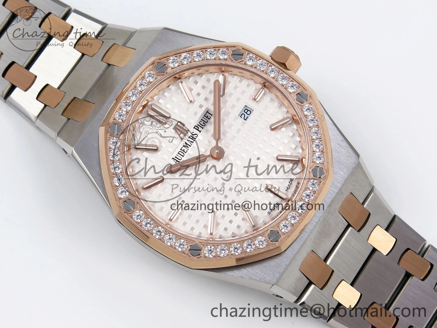 Lady Royal Oak 33mm 67651 Diamonds bezel SS RG ZF 1:1 Best Edition White Textured Dial on SS RG Bracelet RONDA Quartz