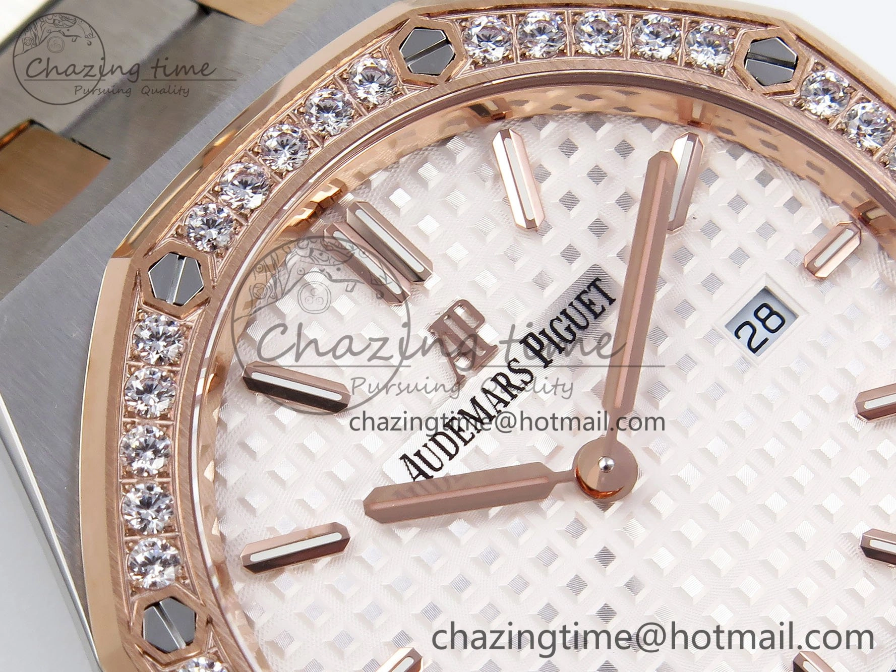 Lady Royal Oak 33mm 67651 Diamonds bezel SS RG ZF 1:1 Best Edition White Textured Dial on SS RG Bracelet RONDA Quartz