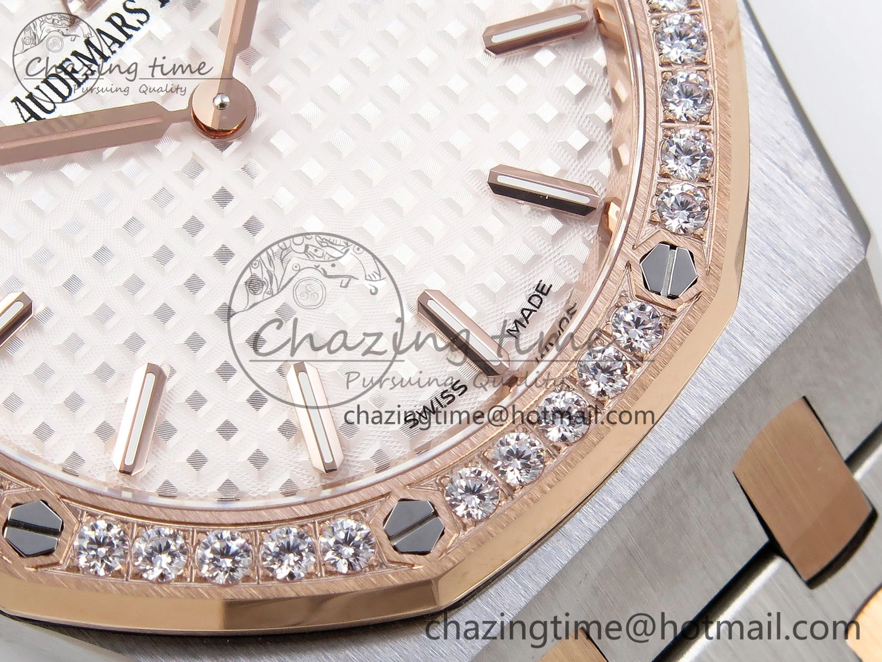 Lady Royal Oak 33mm 67651 Diamonds bezel SS RG ZF 1:1 Best Edition White Textured Dial on SS RG Bracelet RONDA Quartz