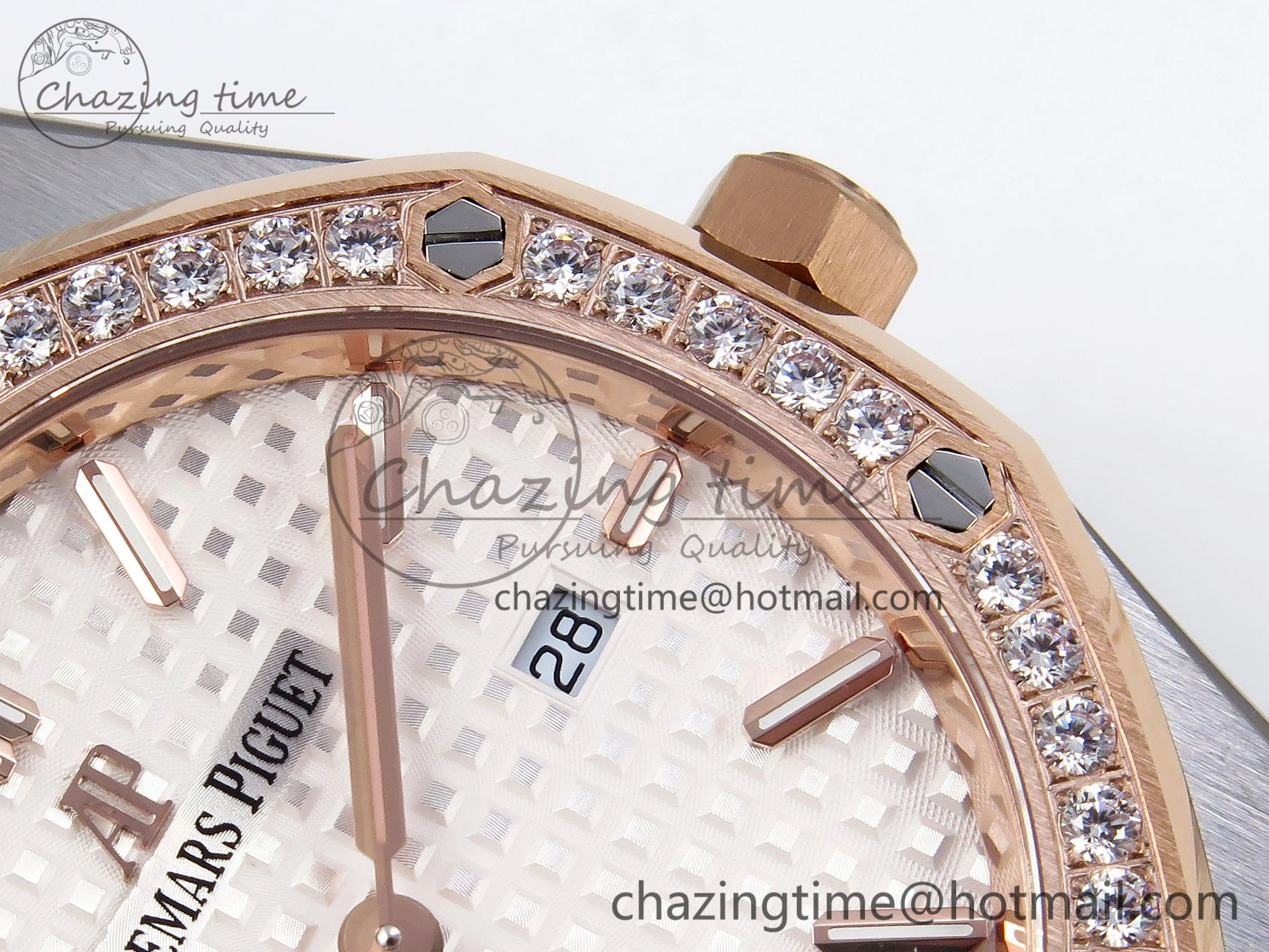 Lady Royal Oak 33mm 67651 Diamonds bezel SS RG ZF 1:1 Best Edition White Textured Dial on SS RG Bracelet RONDA Quartz