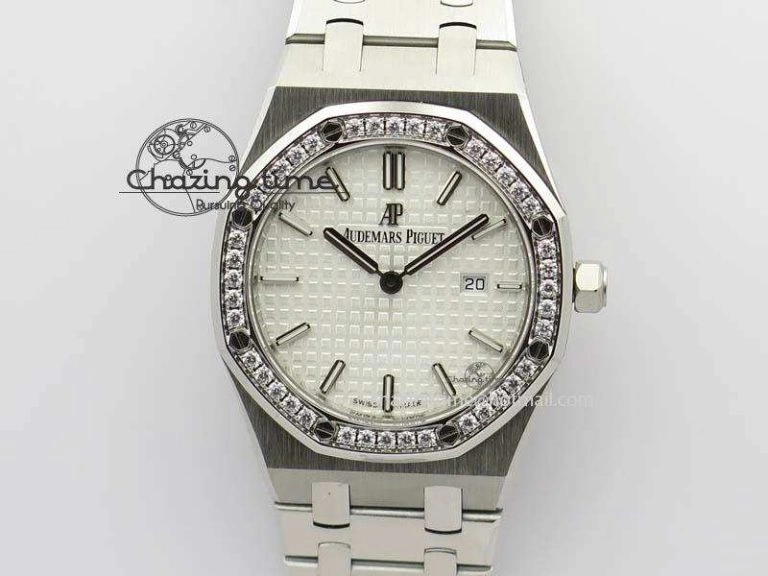 Lady Royal Oak 33mm 67651 SS JF 1:1 Best Edition White Dial Diamond Bezel On SS Bracelet Ronda Quartz