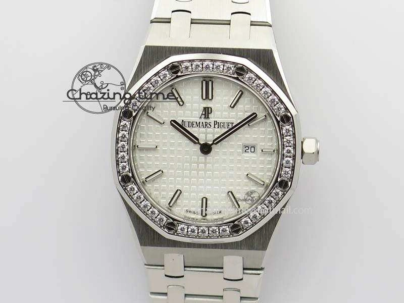 Lady Royal Oak 33mm 67651 SS JF 1:1 Best Edition White Dial Diamond Bezel On SS Bracelet Ronda Quartz