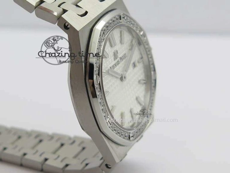 Lady Royal Oak 33mm 67651 SS JF 1:1 Best Edition White Dial Diamond Bezel On SS Bracelet Ronda Quartz