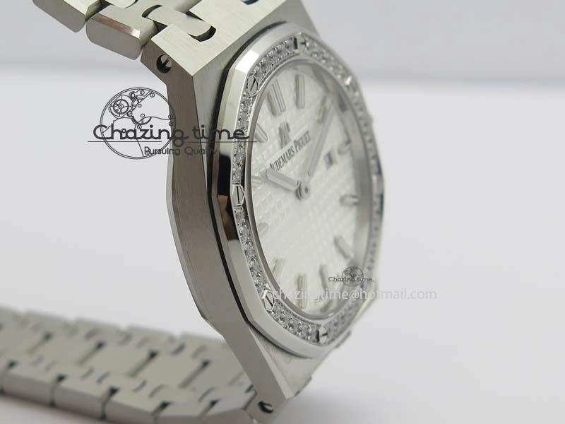 Lady Royal Oak 33mm 67651 SS JF 1:1 Best Edition White Dial Diamond Bezel On SS Bracelet Ronda Quartz