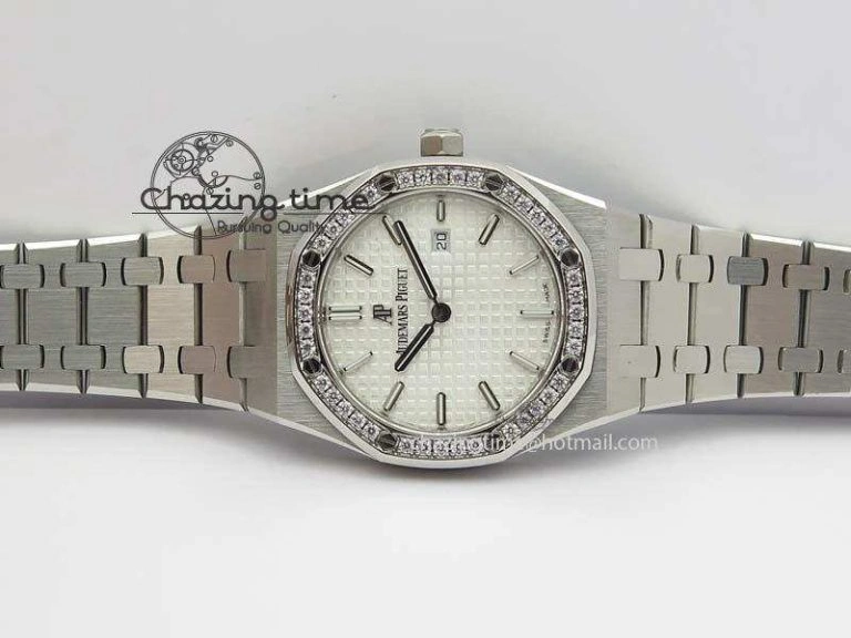 Lady Royal Oak 33mm 67651 SS JF 1:1 Best Edition White Dial Diamond Bezel On SS Bracelet Ronda Quartz