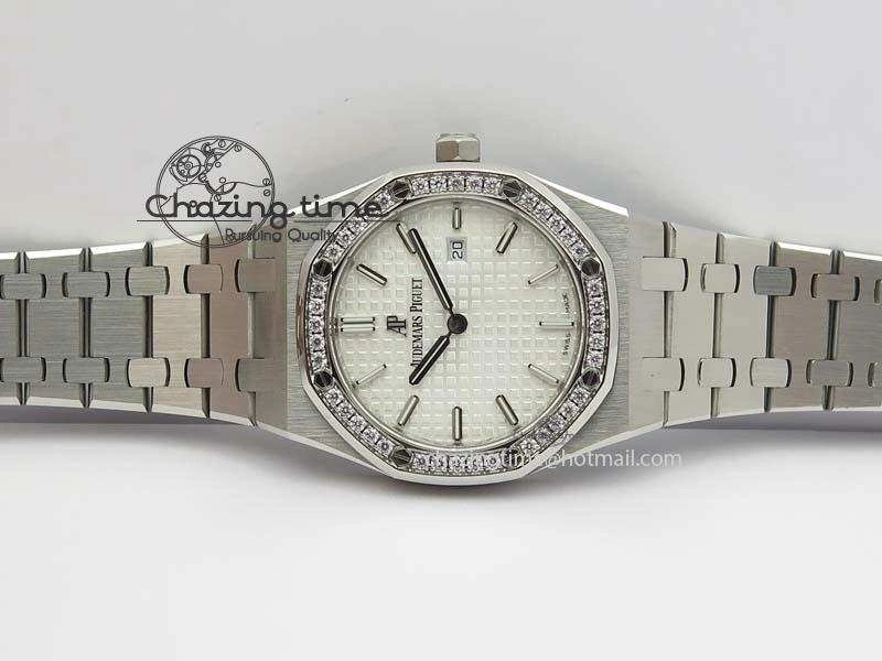 Lady Royal Oak 33mm 67651 SS JF 1:1 Best Edition White Dial Diamond Bezel On SS Bracelet Ronda Quartz