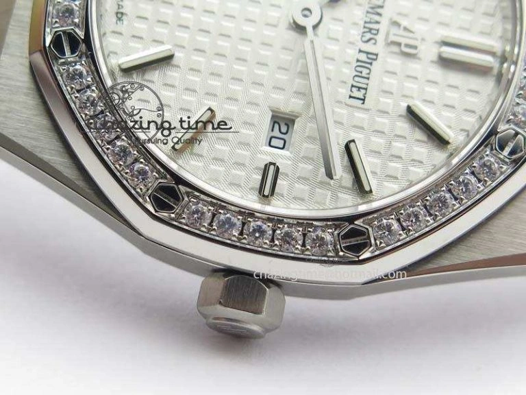 Lady Royal Oak 33mm 67651 SS JF 1:1 Best Edition White Dial Diamond Bezel On SS Bracelet Ronda Quartz