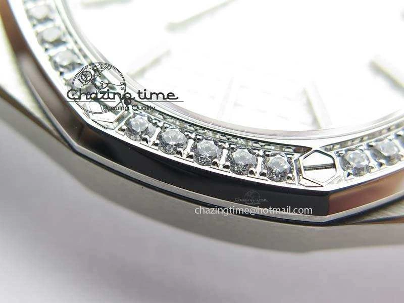 Lady Royal Oak 33mm 67651 SS JF 1:1 Best Edition White Dial Diamond Bezel On SS Bracelet Ronda Quartz