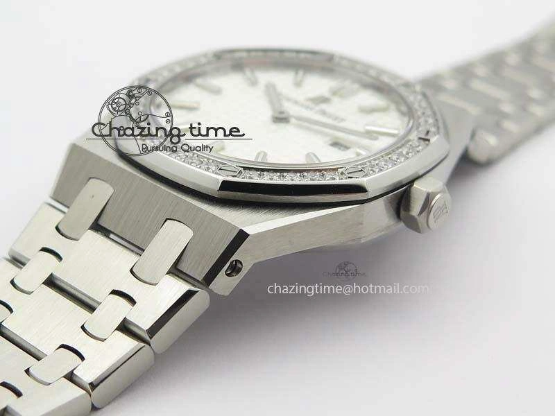 Lady Royal Oak 33mm 67651 SS JF 1:1 Best Edition White Dial Diamond Bezel On SS Bracelet Ronda Quartz