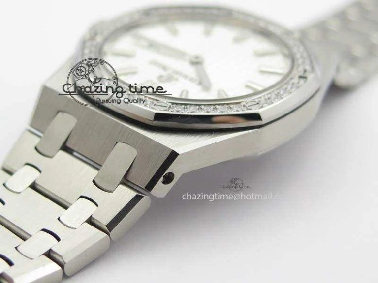 Lady Royal Oak 33mm 67651 SS JF 1:1 Best Edition White Dial Diamond Bezel On SS Bracelet Ronda Quartz