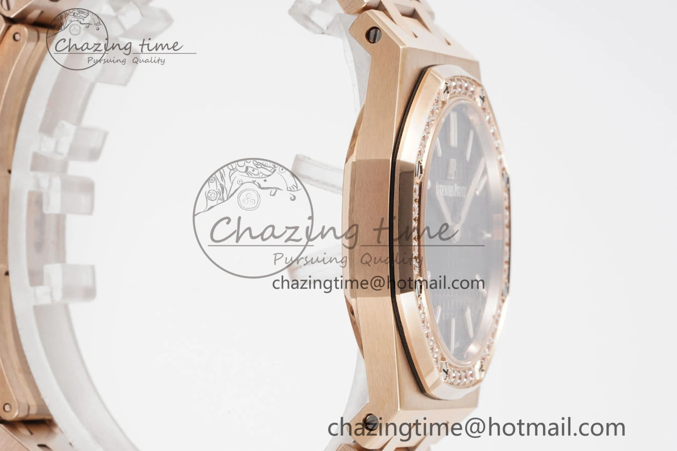 Lady Royal Oak 33mm RG Diamonds Bezel JJF 1:1 Best Edition Black Dial on RG Bracelet ETA Quartz