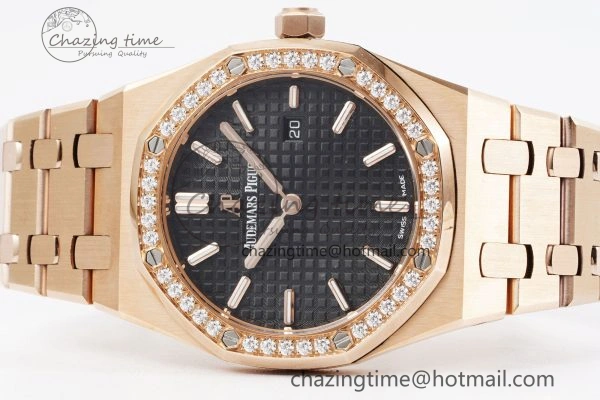 Lady Royal Oak 33mm RG Diamonds Bezel JJF 1:1 Best Edition Black Dial on RG Bracelet ETA Quartz