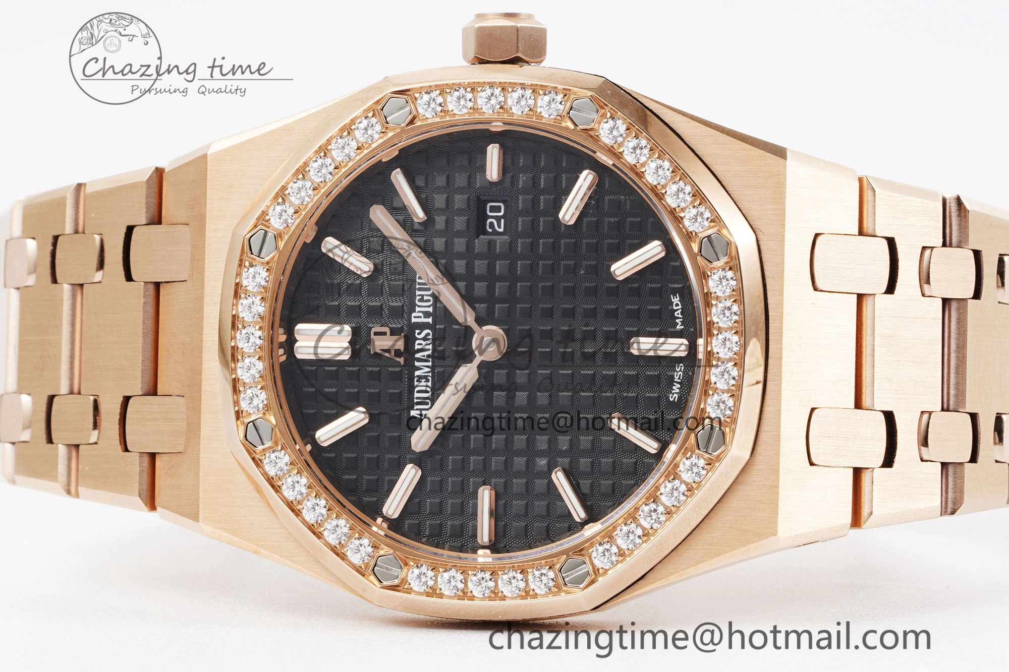Lady Royal Oak 33mm RG Diamonds Bezel JJF 1:1 Best Edition Black Dial on RG Bracelet ETA Quartz