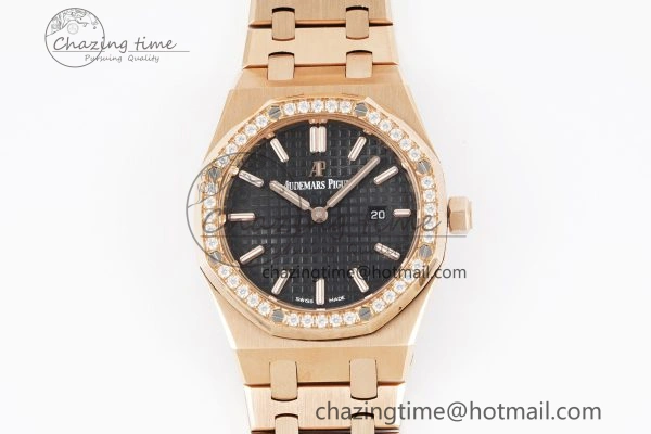 Lady Royal Oak 33mm RG Diamonds Bezel JJF 1:1 Best Edition Black Dial on RG Bracelet ETA Quartz