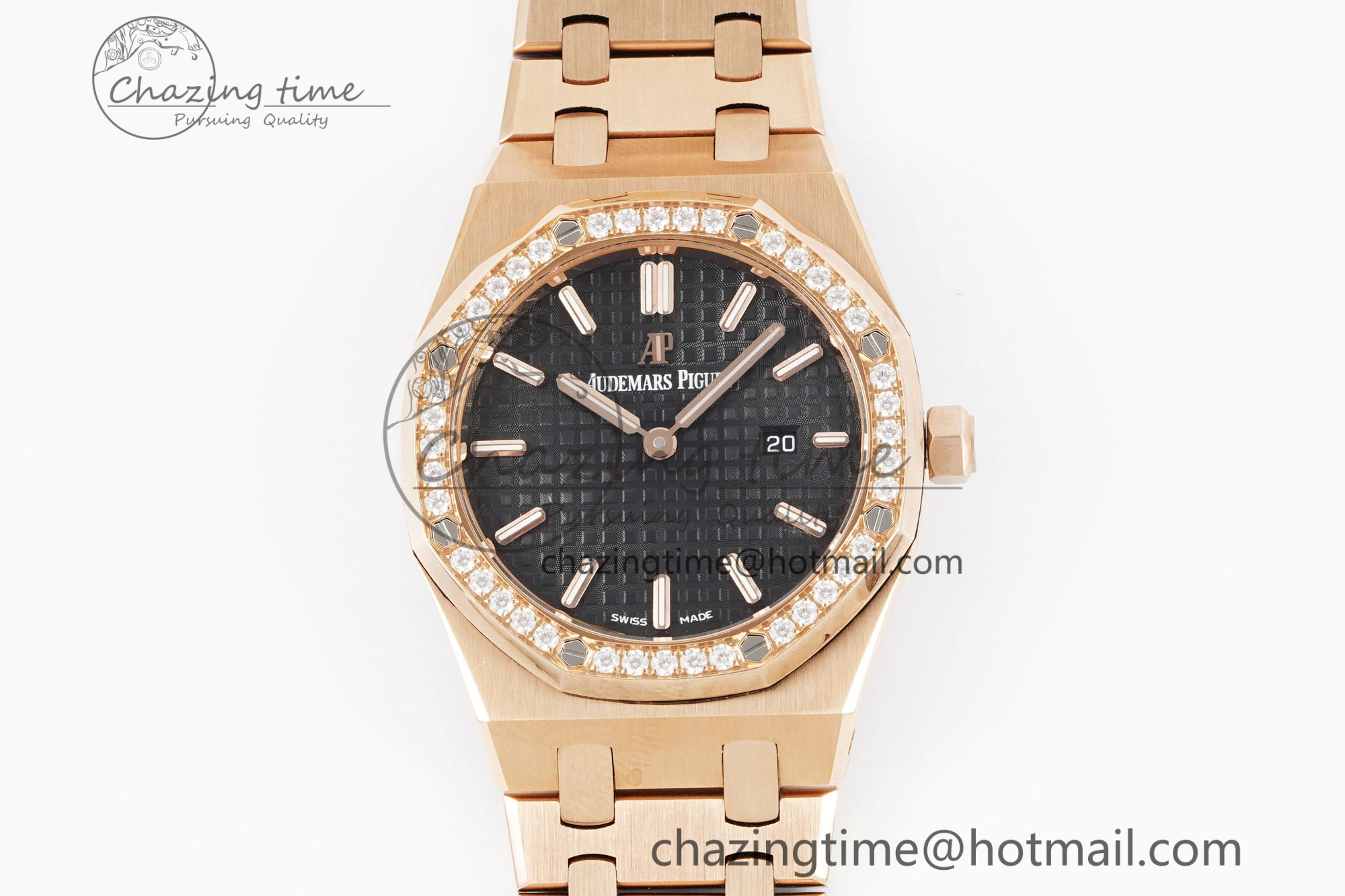 Lady Royal Oak 33mm RG Diamonds Bezel JJF 1:1 Best Edition Black Dial on RG Bracelet ETA Quartz