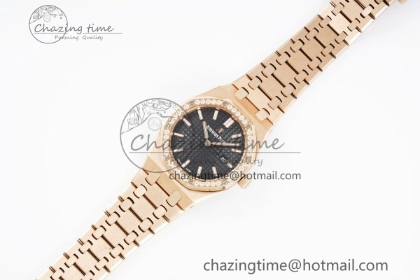 Lady Royal Oak 33mm RG Diamonds Bezel JJF 1:1 Best Edition Black Dial on RG Bracelet ETA Quartz