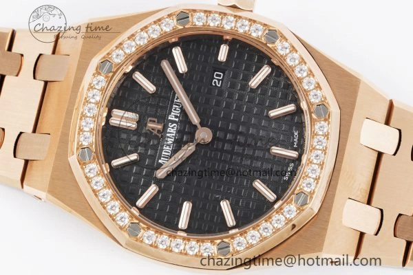 Lady Royal Oak 33mm RG Diamonds Bezel JJF 1:1 Best Edition Black Dial on RG Bracelet ETA Quartz
