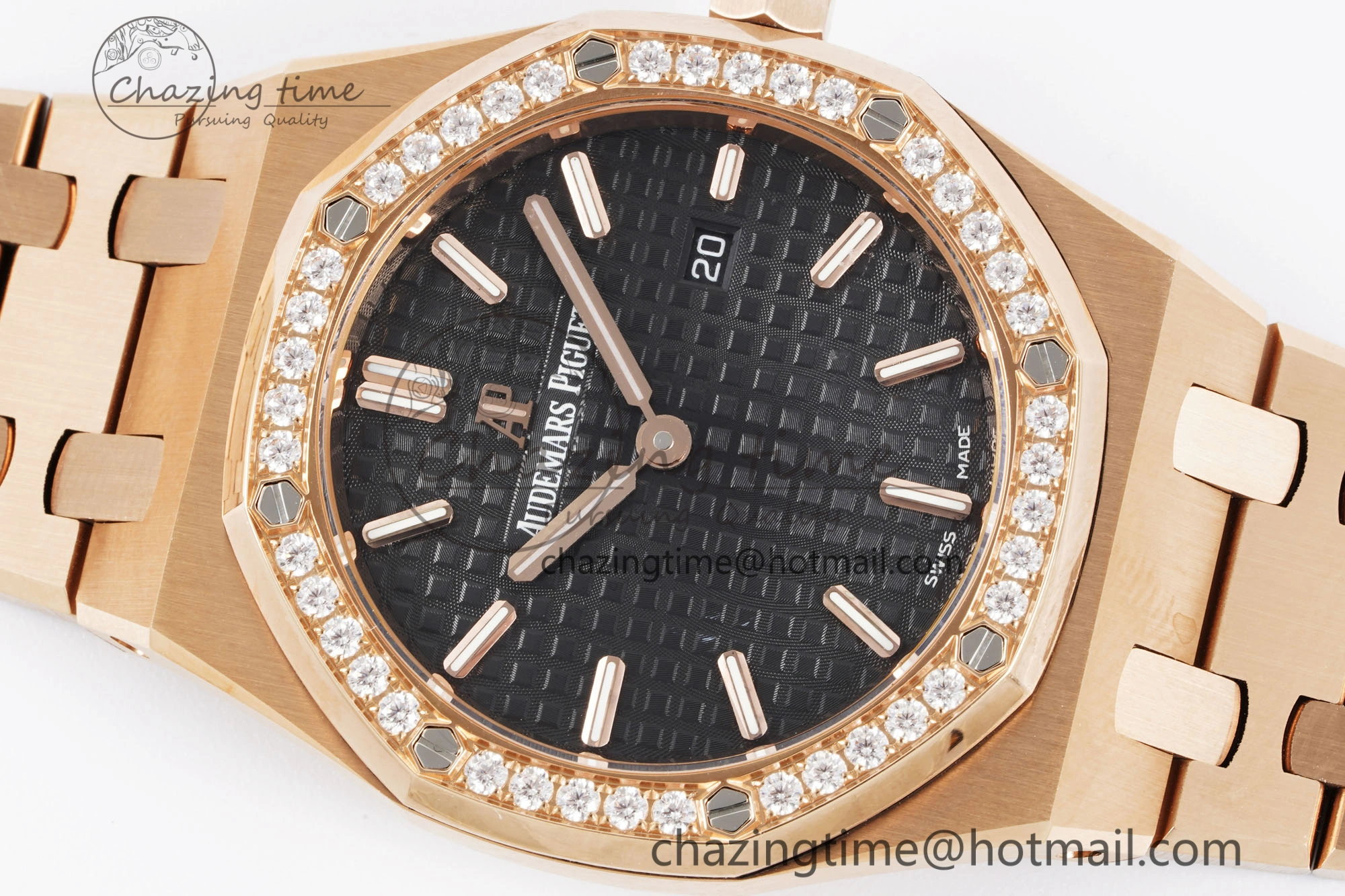 Lady Royal Oak 33mm RG Diamonds Bezel JJF 1:1 Best Edition Black Dial on RG Bracelet ETA Quartz