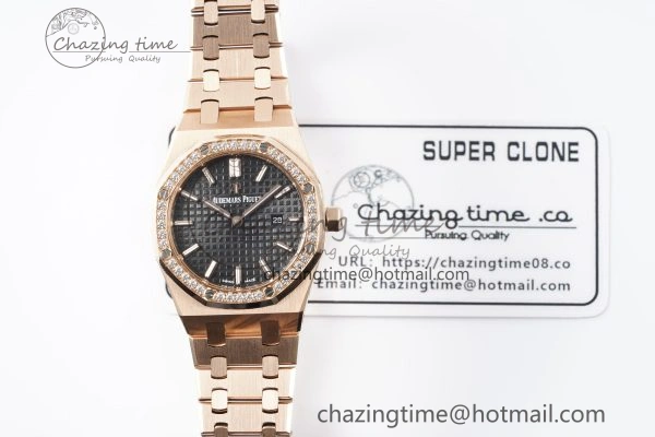 Lady Royal Oak 33mm RG Diamonds Bezel JJF 1:1 Best Edition Black Dial on RG Bracelet ETA Quartz