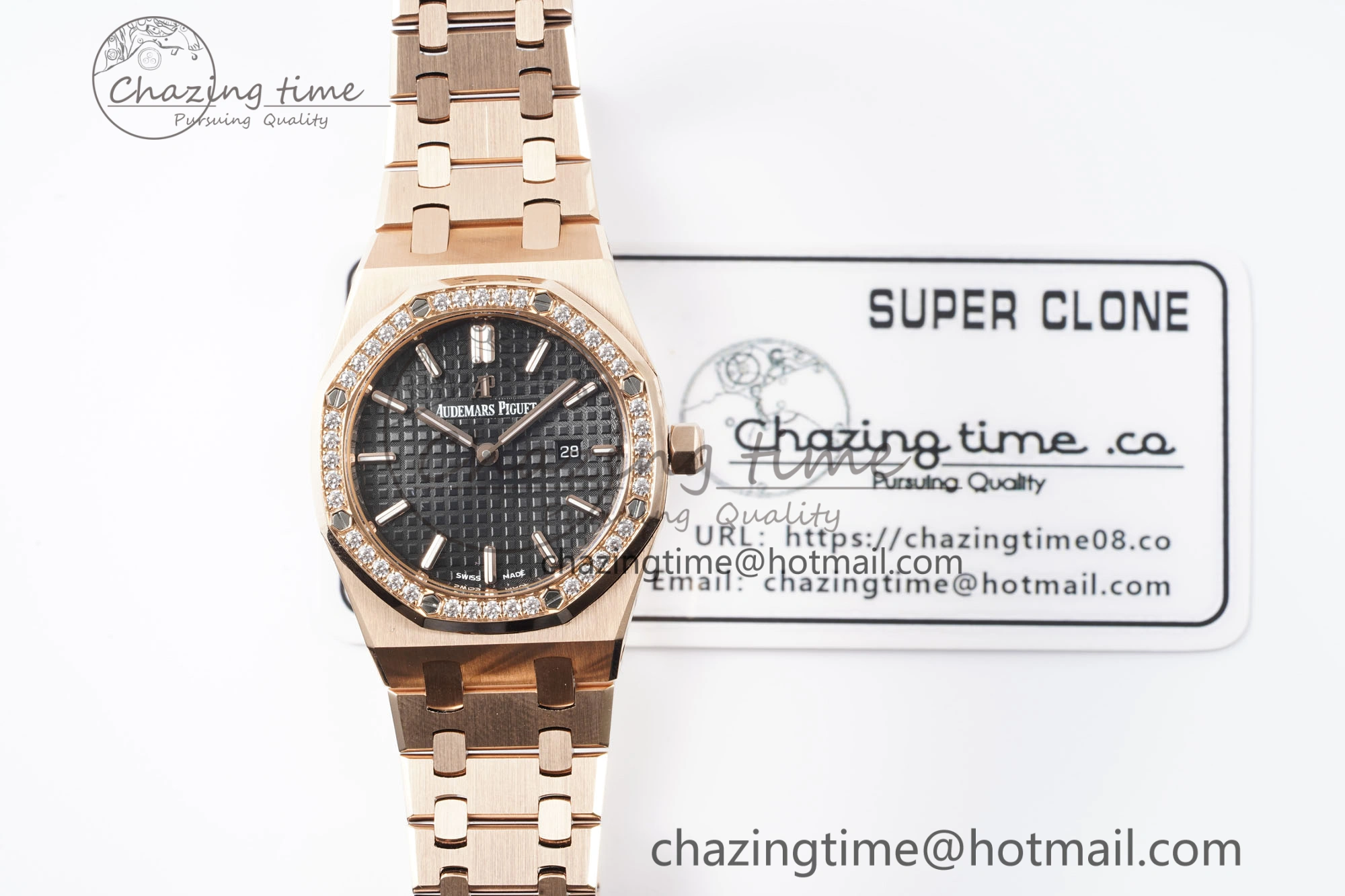 Lady Royal Oak 33mm RG Diamonds Bezel JJF 1:1 Best Edition Black Dial on RG Bracelet ETA Quartz