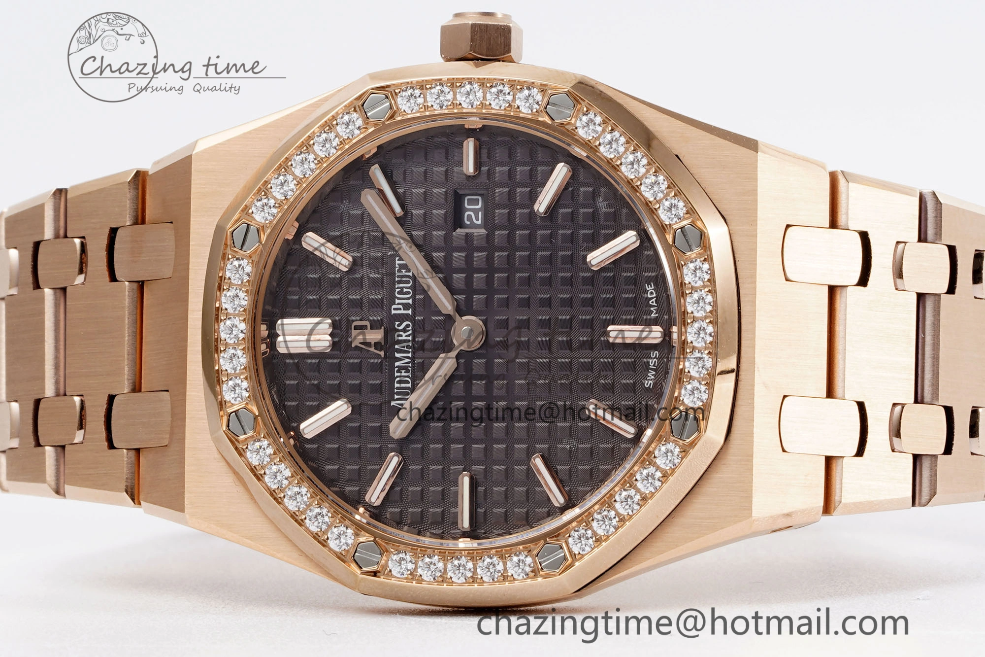Lady Royal Oak 33mm RG Diamonds Bezel JJF 1:1 Best Edition Brown Dial on RG Bracelet ETA Quartz