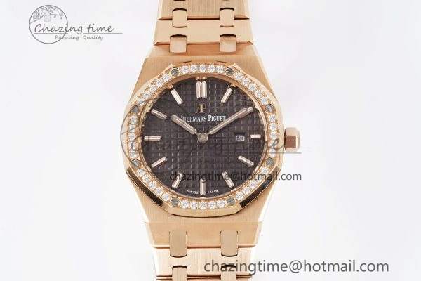 Lady Royal Oak 33mm RG Diamonds Bezel JJF 1:1 Best Edition Brown Dial on RG Bracelet ETA Quartz