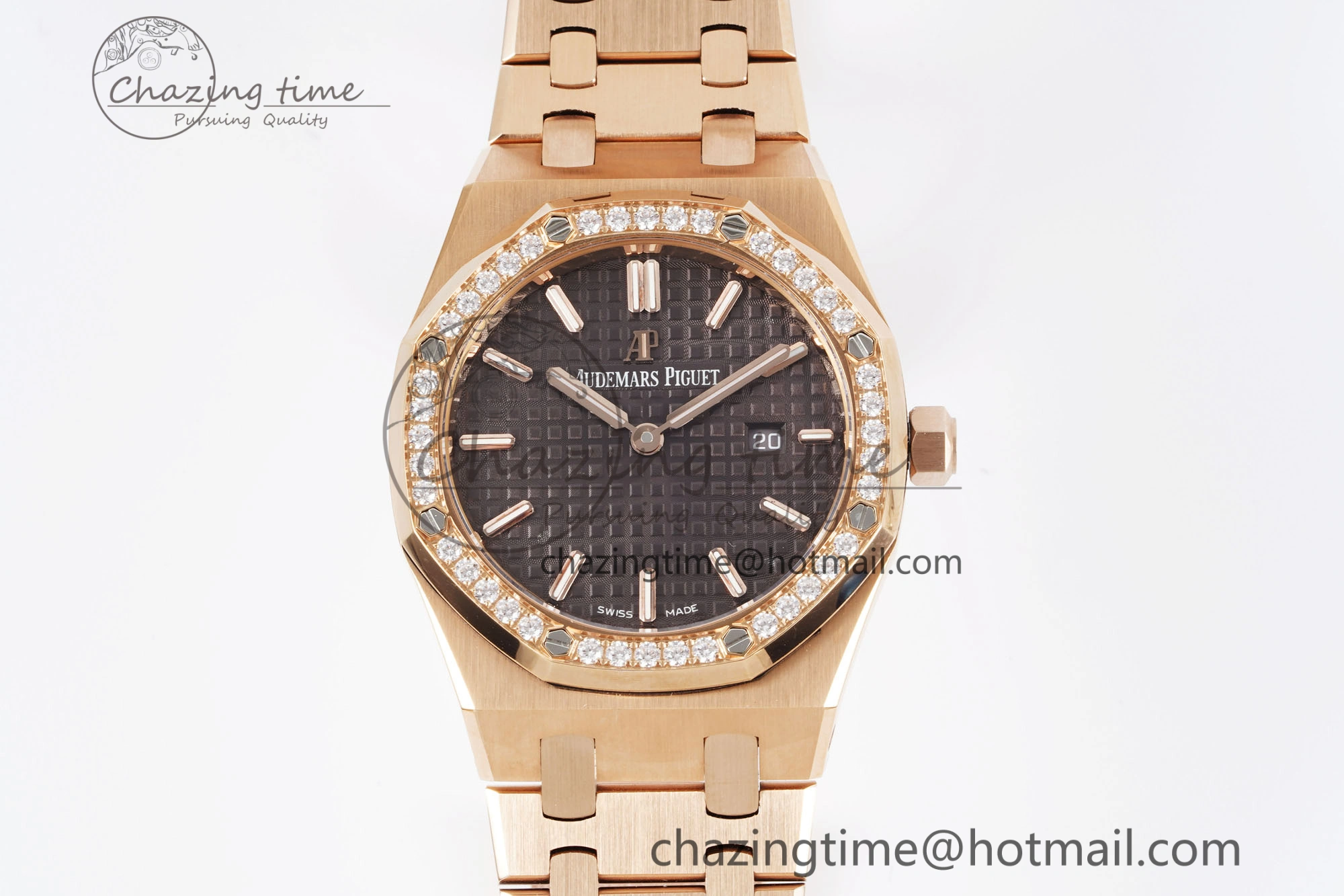 Lady Royal Oak 33mm RG Diamonds Bezel JJF 1:1 Best Edition Brown Dial on RG Bracelet ETA Quartz