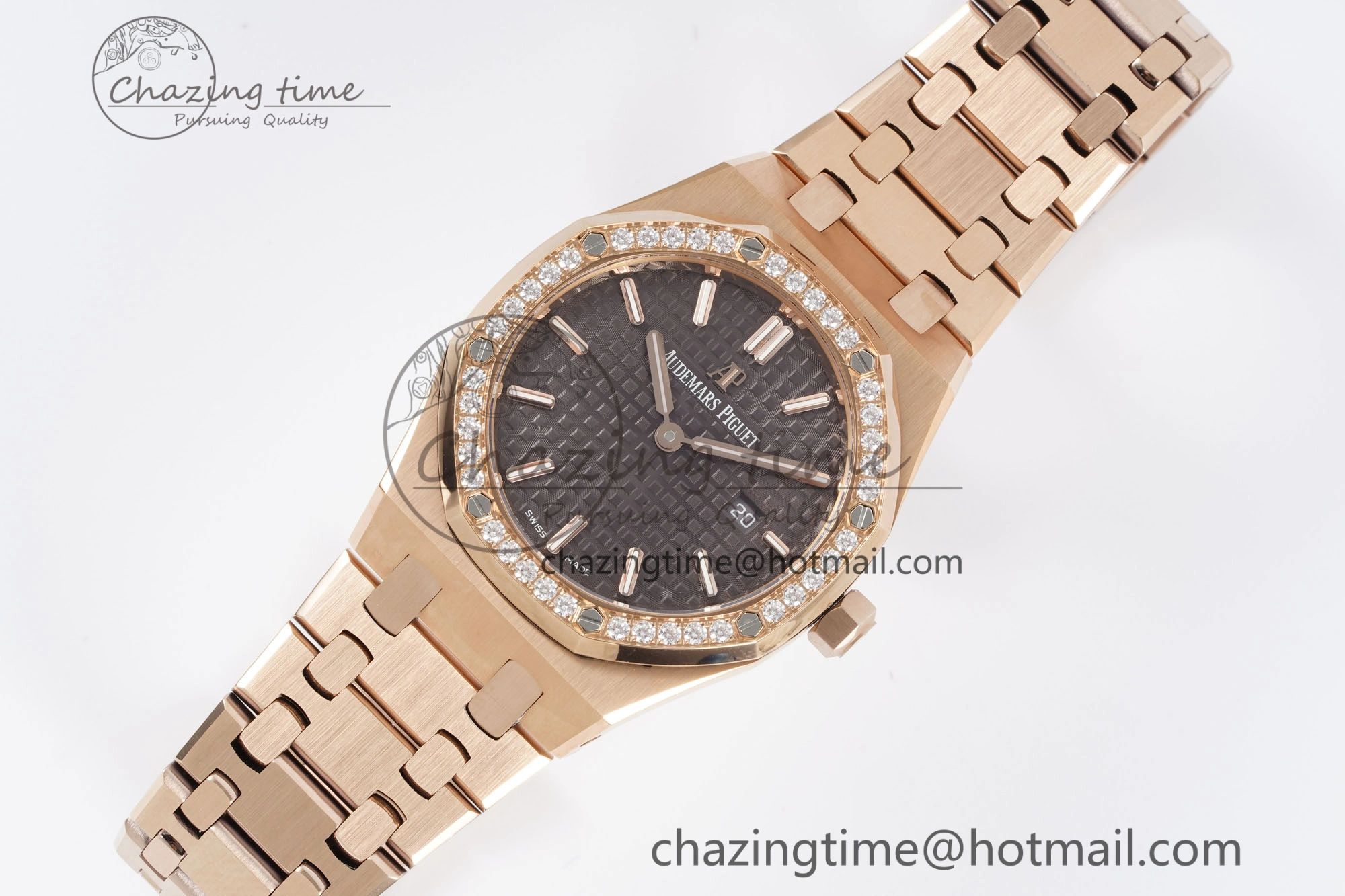 Lady Royal Oak 33mm RG Diamonds Bezel JJF 1:1 Best Edition Brown Dial on RG Bracelet ETA Quartz