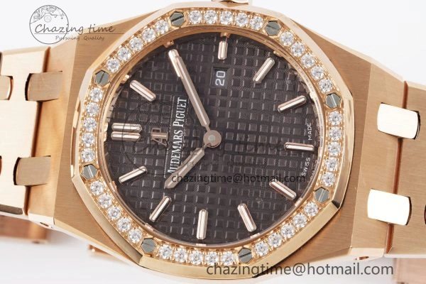 Lady Royal Oak 33mm RG Diamonds Bezel JJF 1:1 Best Edition Brown Dial on RG Bracelet ETA Quartz