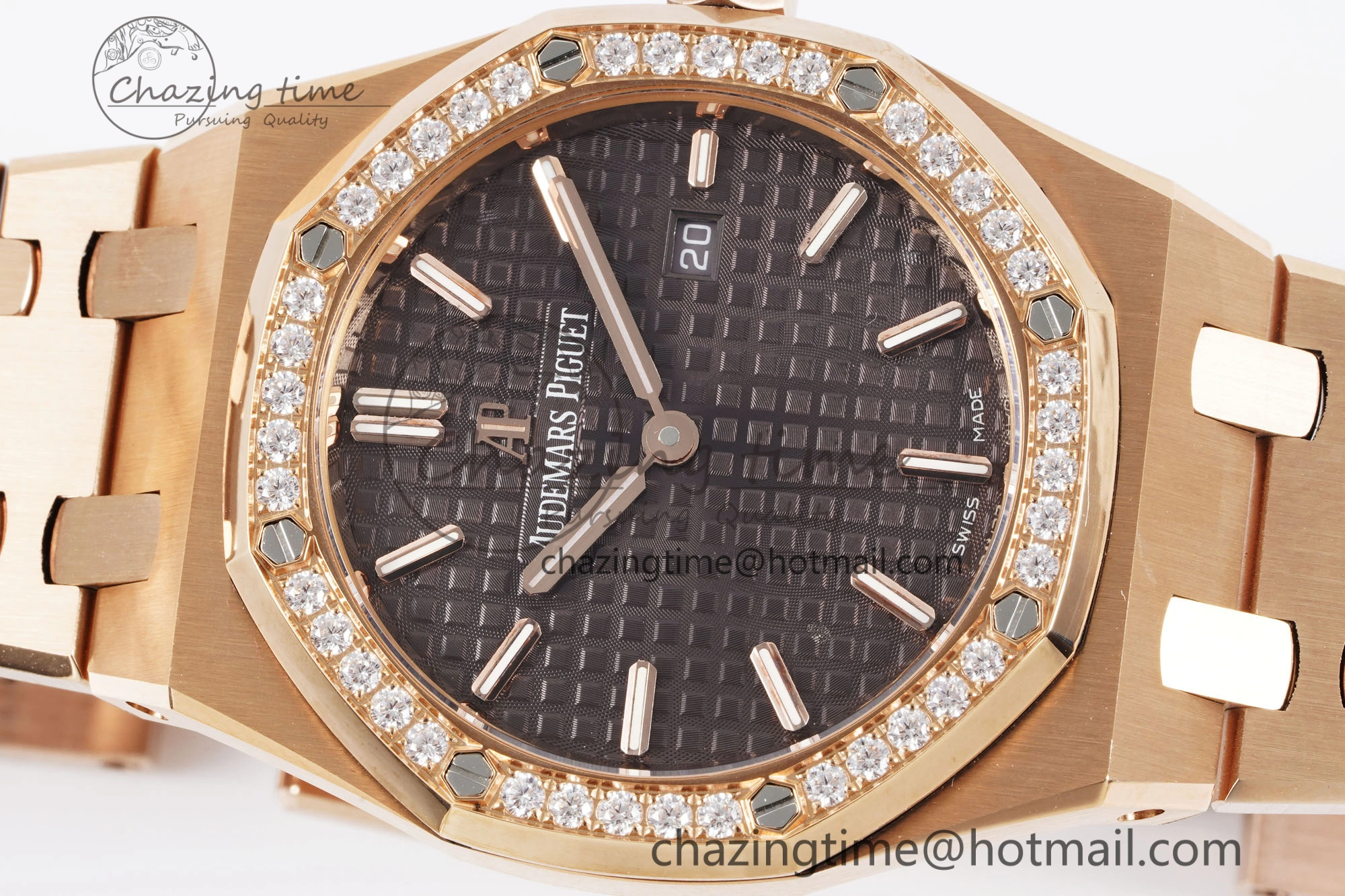 Lady Royal Oak 33mm RG Diamonds Bezel JJF 1:1 Best Edition Brown Dial on RG Bracelet ETA Quartz