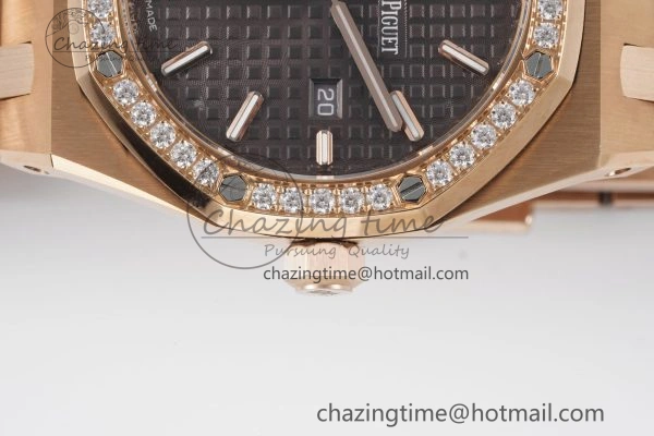 Lady Royal Oak 33mm RG Diamonds Bezel JJF 1:1 Best Edition Brown Dial on RG Bracelet ETA Quartz