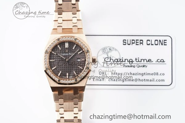 Lady Royal Oak 33mm RG Diamonds Bezel JJF 1:1 Best Edition Brown Dial on RG Bracelet ETA Quartz