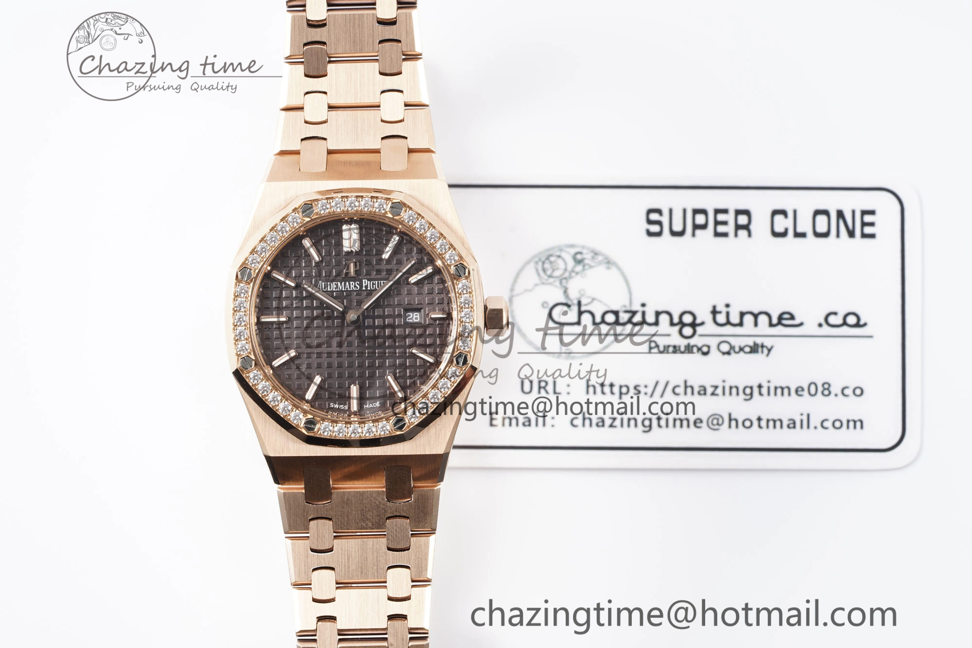 Lady Royal Oak 33mm RG Diamonds Bezel JJF 1:1 Best Edition Brown Dial on RG Bracelet ETA Quartz