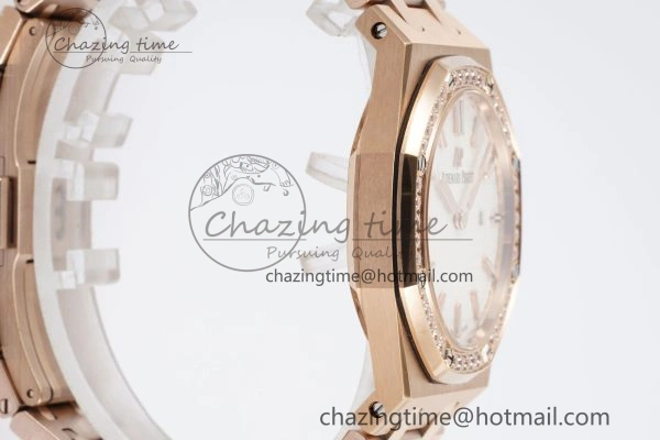 Lady Royal Oak 33mm RG Diamonds Bezel JJF 1:1 Best Edition White Dial on RG Bracelet ETA Quartz