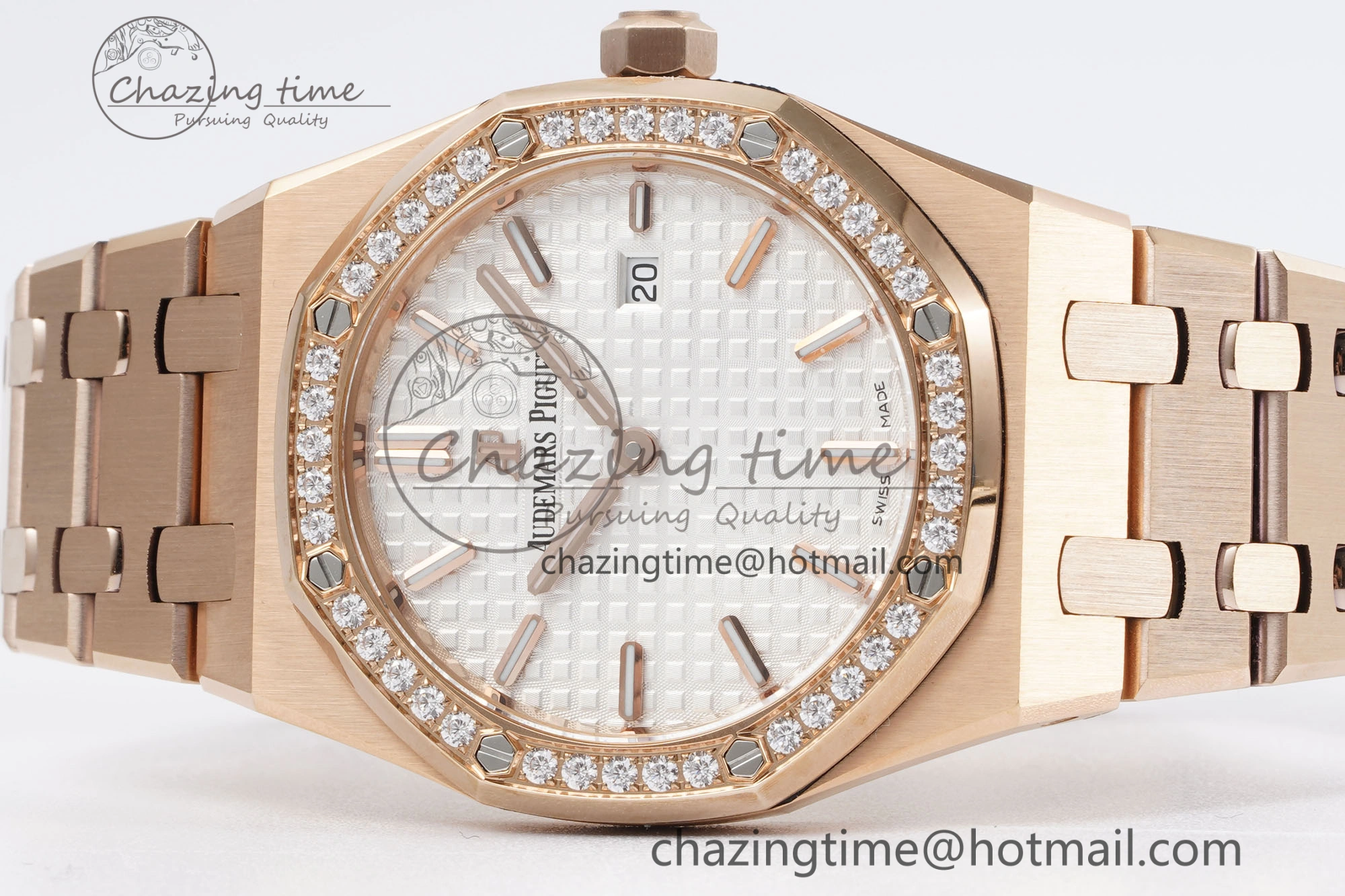 Lady Royal Oak 33mm RG Diamonds Bezel JJF 1:1 Best Edition White Dial on RG Bracelet ETA Quartz