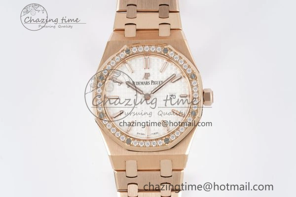 Lady Royal Oak 33mm RG Diamonds Bezel JJF 1:1 Best Edition White Dial on RG Bracelet ETA Quartz