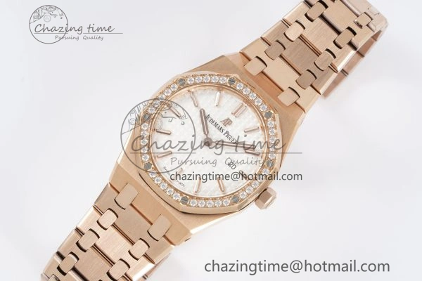 Lady Royal Oak 33mm RG Diamonds Bezel JJF 1:1 Best Edition White Dial on RG Bracelet ETA Quartz