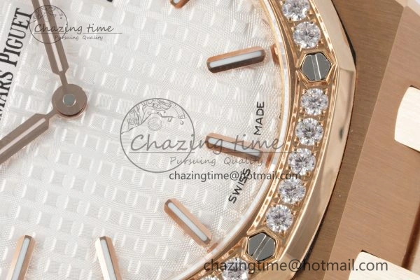 Lady Royal Oak 33mm RG Diamonds Bezel JJF 1:1 Best Edition White Dial on RG Bracelet ETA Quartz