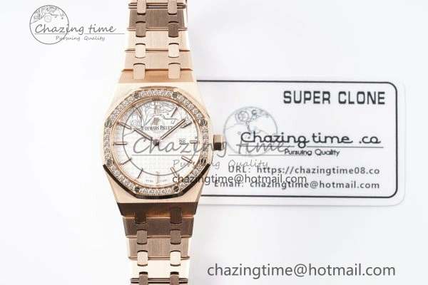 Lady Royal Oak 33mm RG Diamonds Bezel JJF 1:1 Best Edition White Dial on RG Bracelet ETA Quartz
