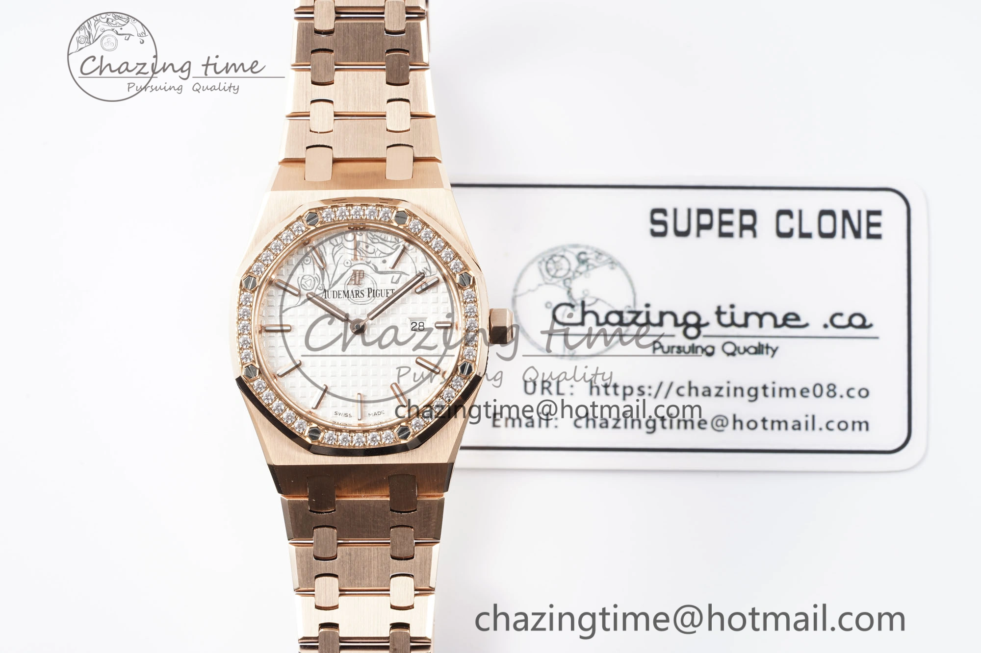Lady Royal Oak 33mm RG Diamonds Bezel JJF 1:1 Best Edition White Dial on RG Bracelet ETA Quartz
