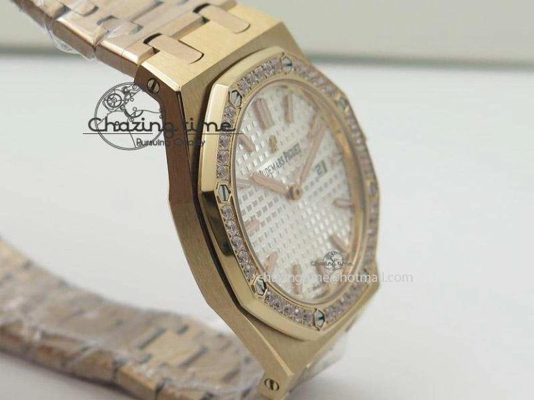 Lady Royal Oak 33mm RG Silver Dial Diamonds Bezel on RG Bracelet RONDA Quartz