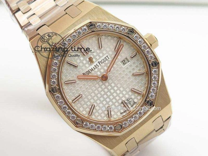 Lady Royal Oak 33mm RG Silver Dial Diamonds Bezel on RG Bracelet RONDA Quartz