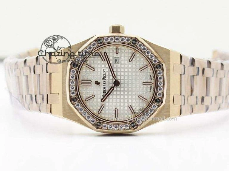 Lady Royal Oak 33mm RG Silver Dial Diamonds Bezel on RG Bracelet RONDA Quartz