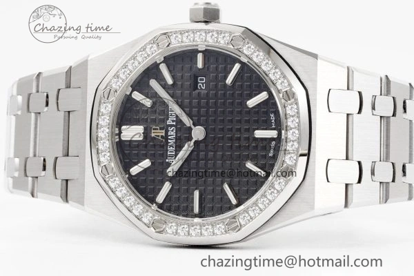 Lady Royal Oak 33mm SS Diamonds Bezel JJF 1:1 Best Edition Black Dial on SS Bracelet ETA Quartz