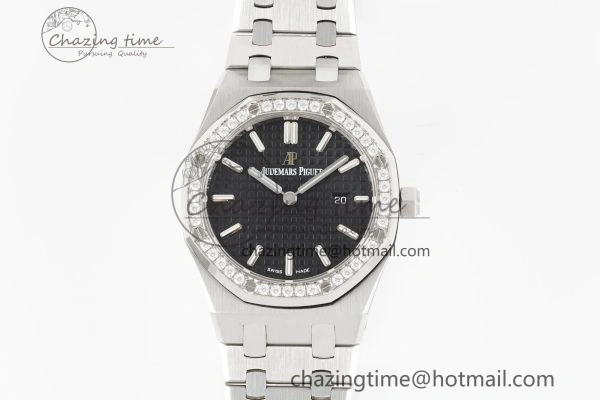 Lady Royal Oak 33mm SS Diamonds Bezel JJF 1:1 Best Edition Black Dial on SS Bracelet ETA Quartz